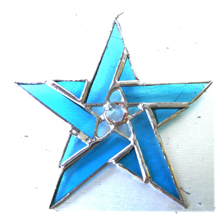 Pentagram Crystal Star Suncatcher Stained Glass Turquoise 001