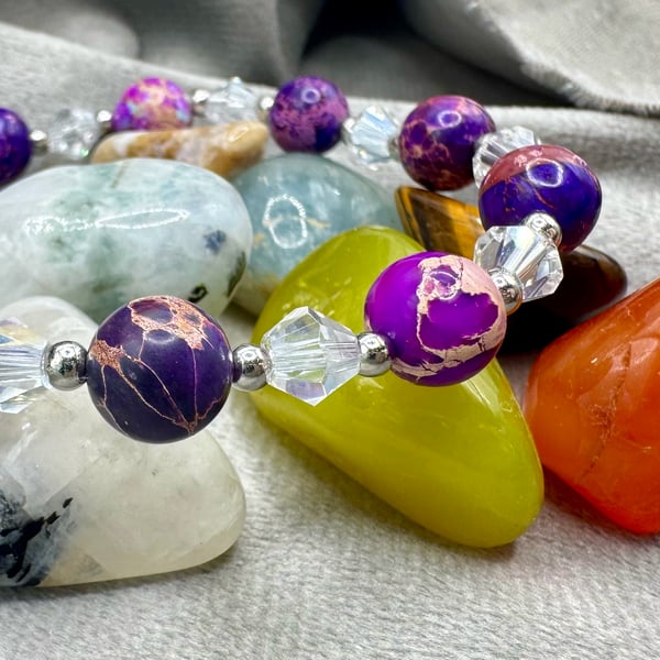 Pink jasper and crystal bracelet - elasticated