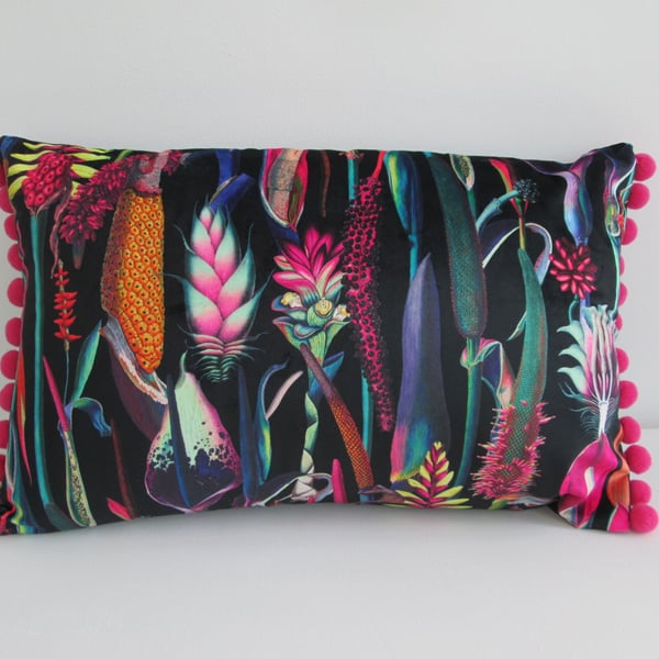 Printed Velvet Jungle  Design  Cushion Cover with pink Pom Poms