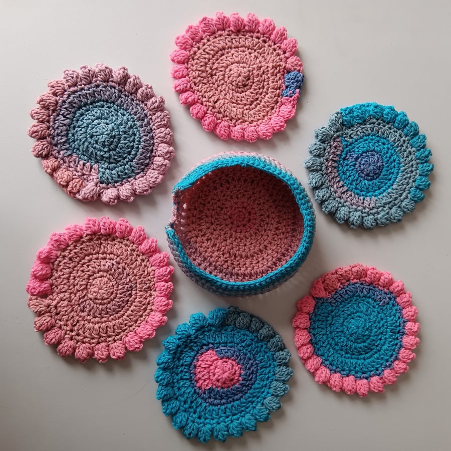 NOT AVAILABLE Crochet Coasters (Delphinium) - set of 6 plus holder