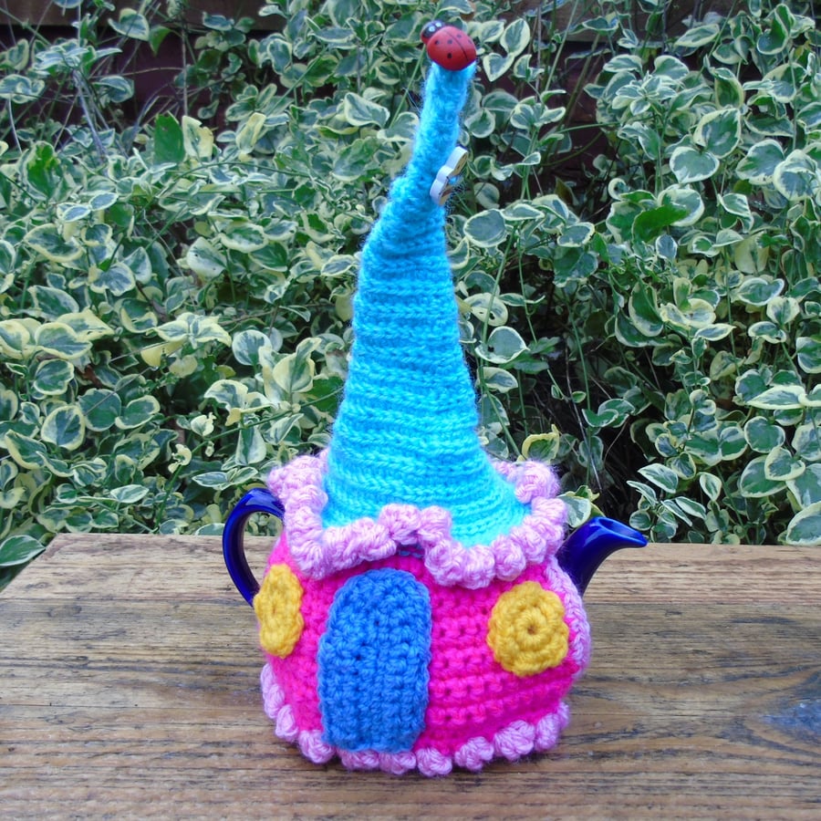 Crochet Fairy cottage tea cosy, colourful tea cosy for a small one cup teapot
