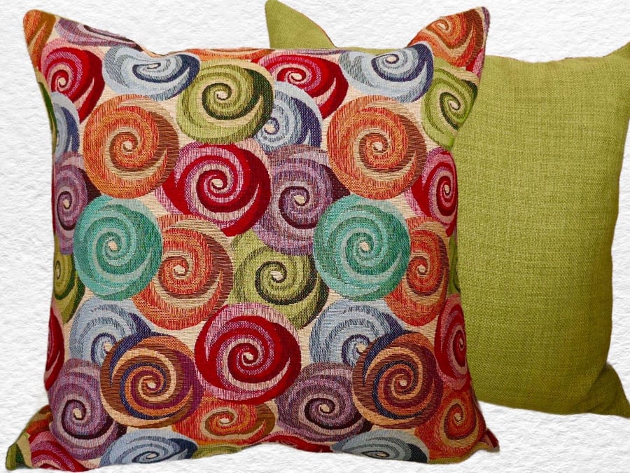 Cushion with Pad: Tapestry Swirls design Green reverse 17" (43cm)