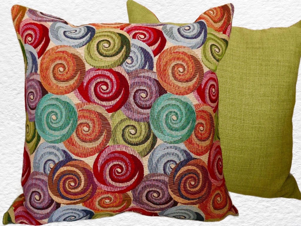 Scatter Cushion: Tapestry Swirls design Green reverse 17” (43cm)