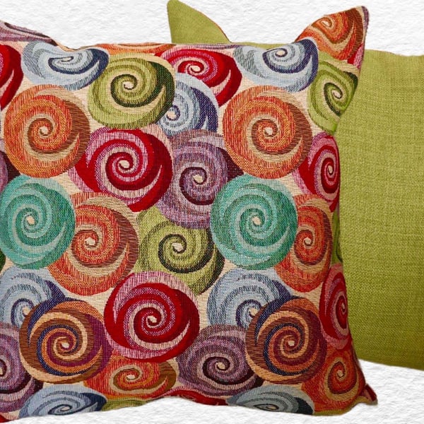 Scatter Cushion: Tapestry Swirls design Green reverse 17” (43cm)