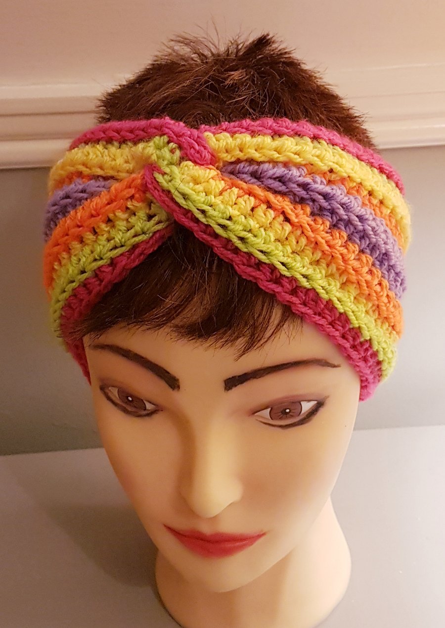 Hand crochet twisted bright stripes ear warmer hair band Size Medium 