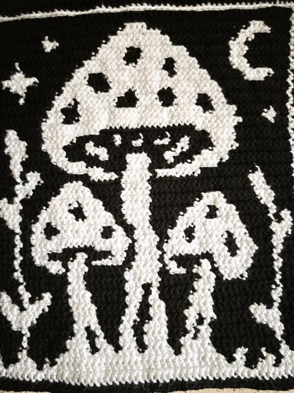 Crochet tapestry wall hanging goth decor mushroom night forest
