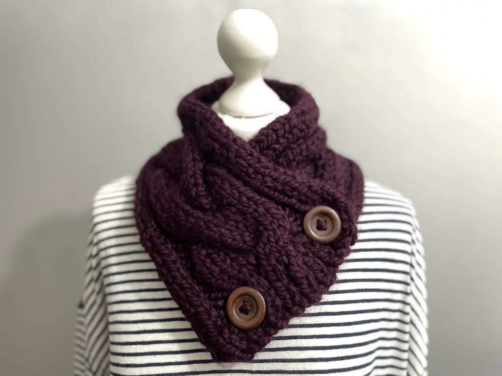 Hand Knitted Button up Scarf - Aubergine