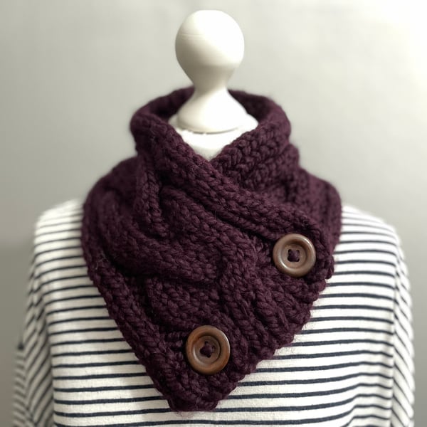Hand Knitted Button up Scarf - Aubergine