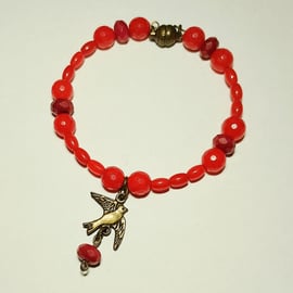 Red Topaz Gemtstone Bead Bracelet with Bird Charm - UK Free Post