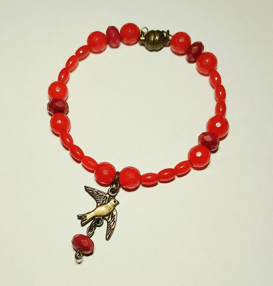 Red Topaz Gemtstone Bead Bracelet with Bird Charm - UK Free Post