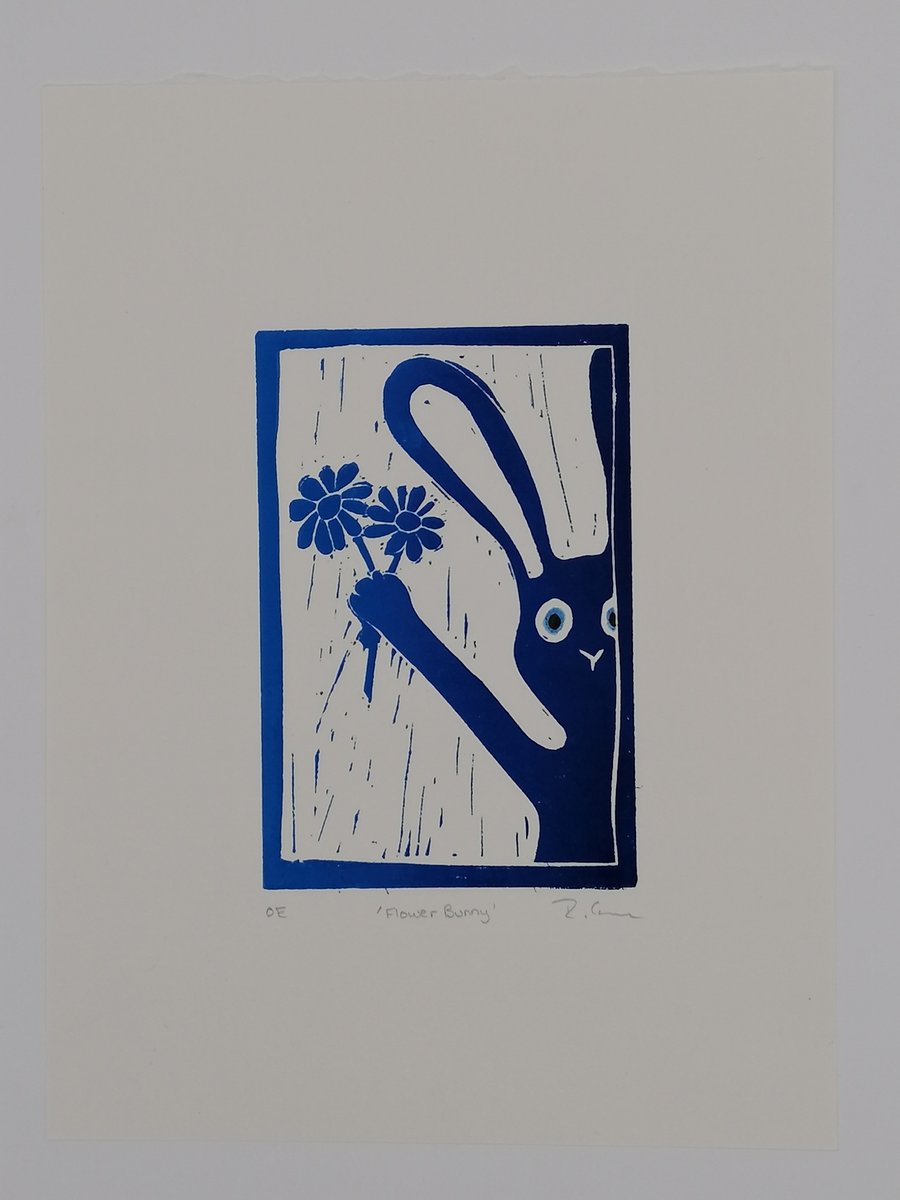 "Flower Bunny" lino cut print. 15 x 10 cm. Gradients of Blue on white. OE
