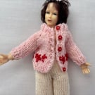 Tiny knitted cardigan with embroidery in miniature 12th scale for dolls house