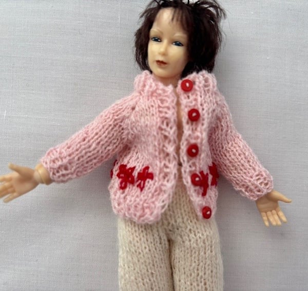Tiny knitted cardigan with embroidery in miniature 12th scale for dolls house