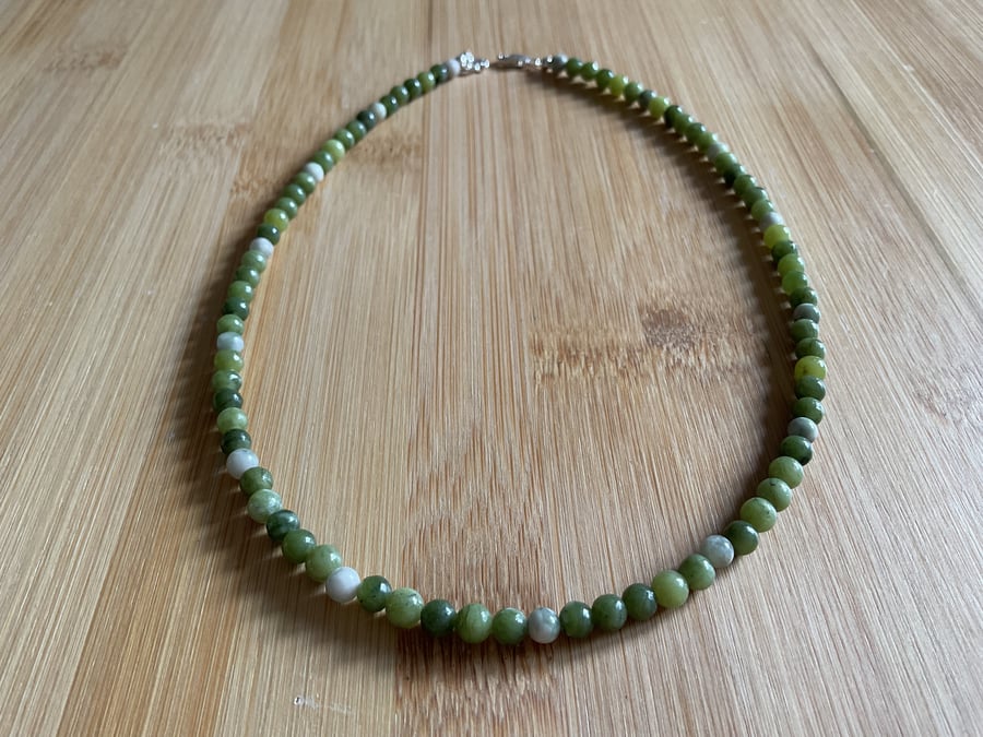 Natural Green Jade and Peace Jade dainty choker style silver necklace 4mm beads