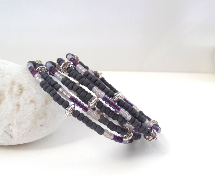 Boho Matt Black Silver Bangle, Lilac and Magenta Unusual no clasp bracelet.