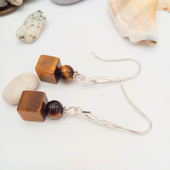 Tiger's Eye Cube & Round Bead Earrings with Sterling Silver Hooks, Gift for Her