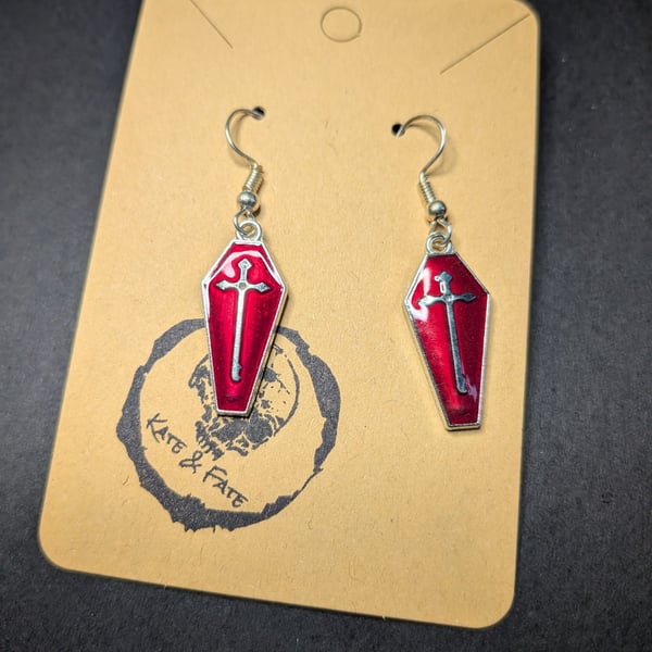 Red Coffin Dangle Earrings - Handcrafted Gothic Jewellery