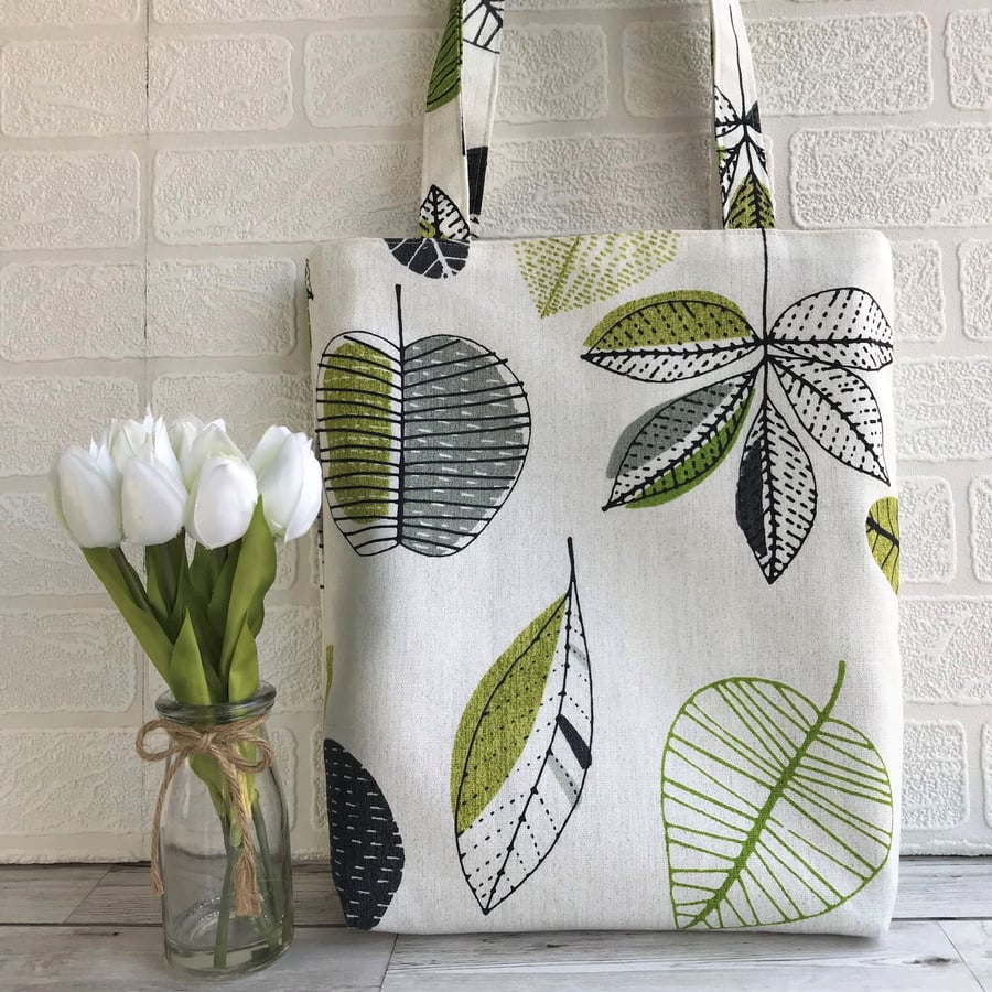 Fruits and foliage tote bag in cream, green and grey