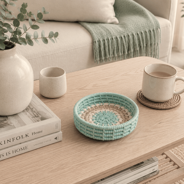 Handmade Cotton Macramé Cord & Sisal Basket - Natural Fibre Trinket Bowl