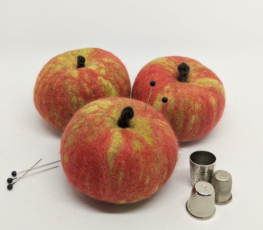 Felted wool fruit pincushion: Cox's red apple
