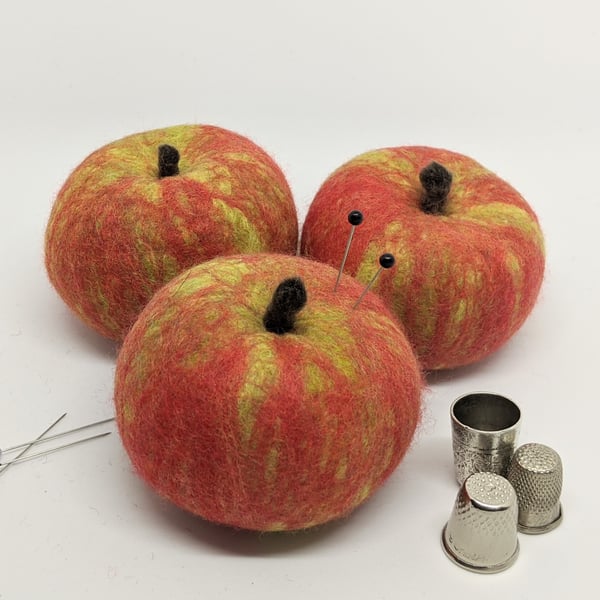 Felted wool fruit pincushion: Cox's red apple