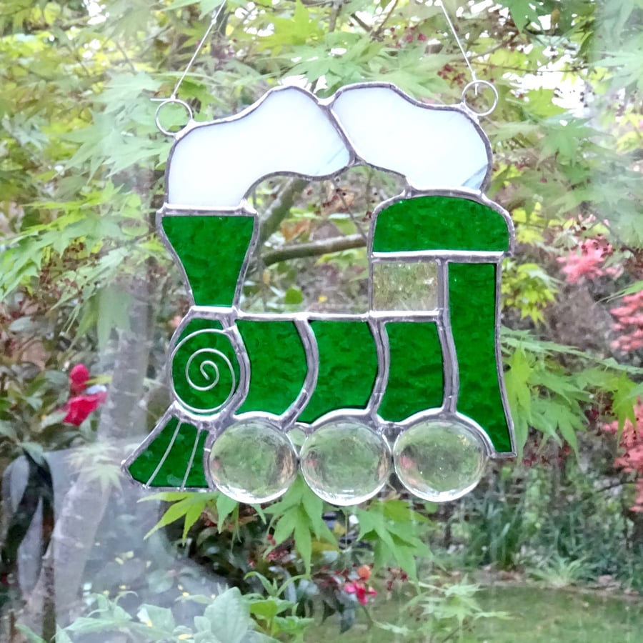 Stained Glass Train Suncatcher - Handmade Hanging Decoration Green