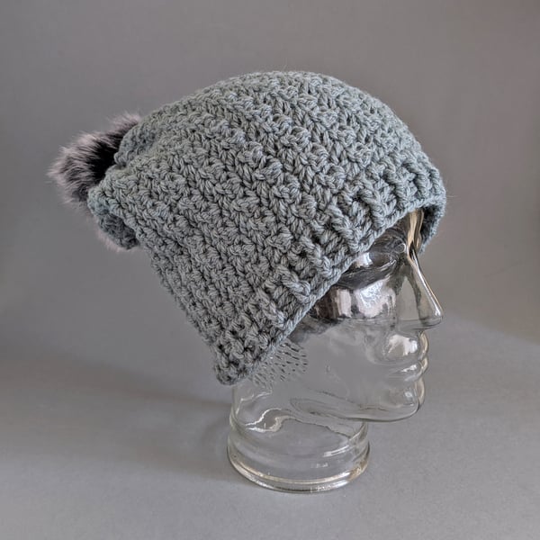 Slouchy Beanie Hat in Sage Green with Pom-Pom