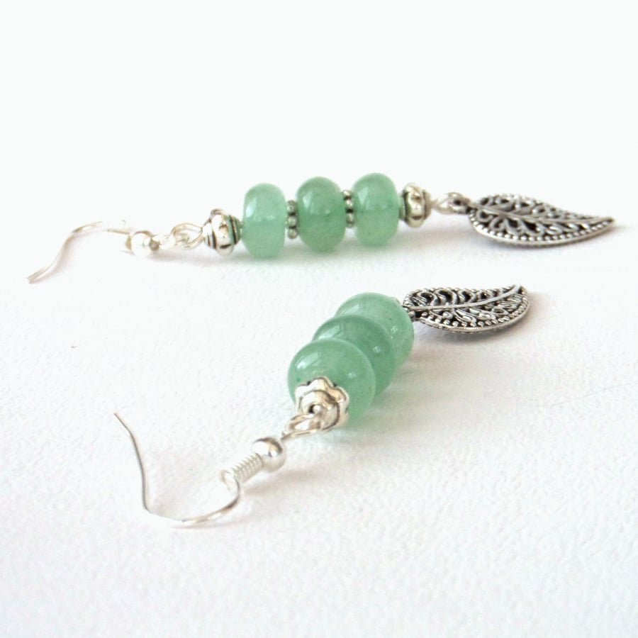 Green aventurine dangly earrings with leaf charm