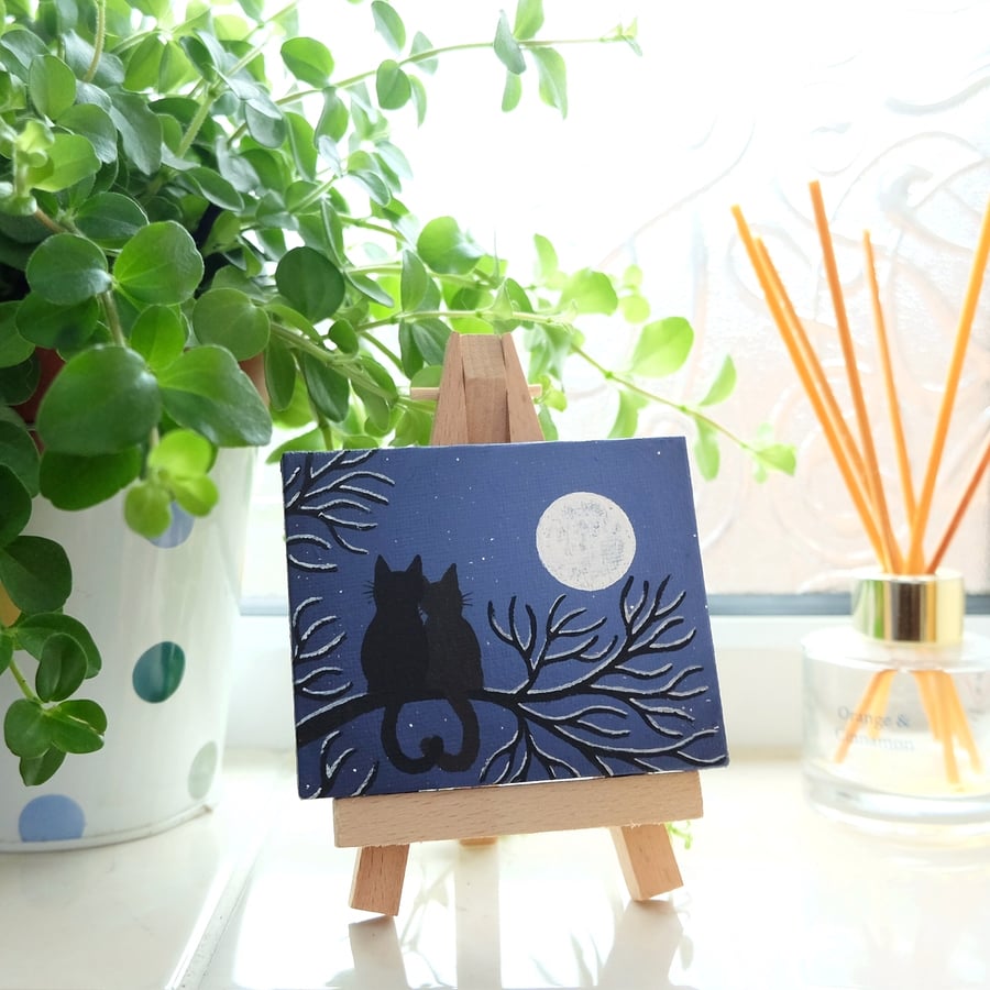Sold Cats in Love Mini Art, painting of night scene with moon and snowy branches