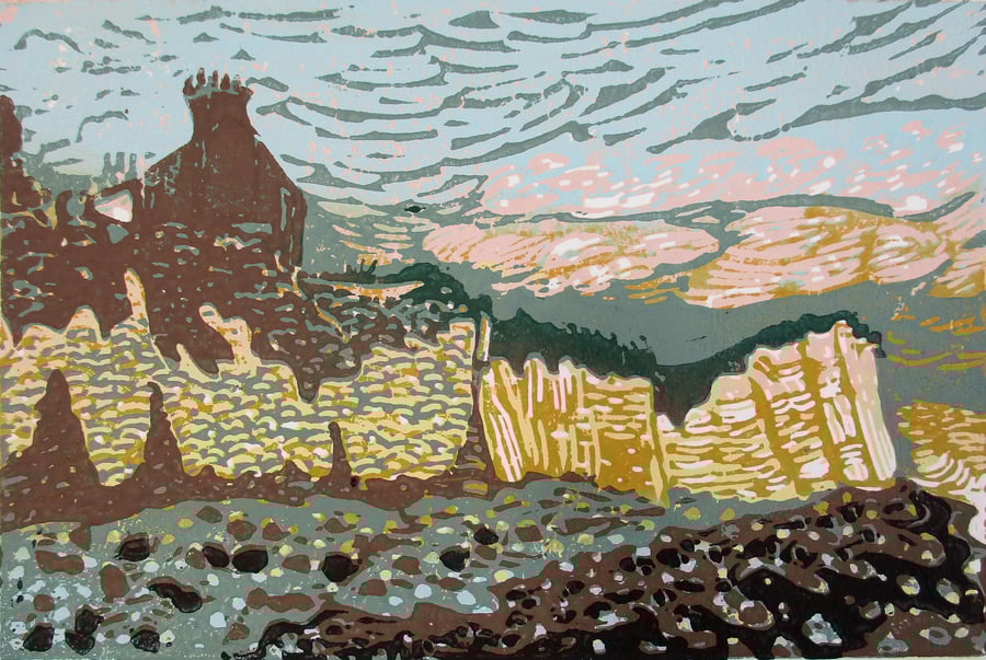 Birling Gap Beach, East Sussex - Original Hand Pressed Linocut Print Ltd Edition