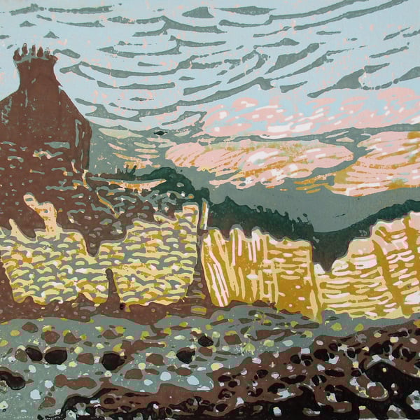 Birling Gap Beach, East Sussex - Original Hand Pressed Linocut Print Ltd Edition