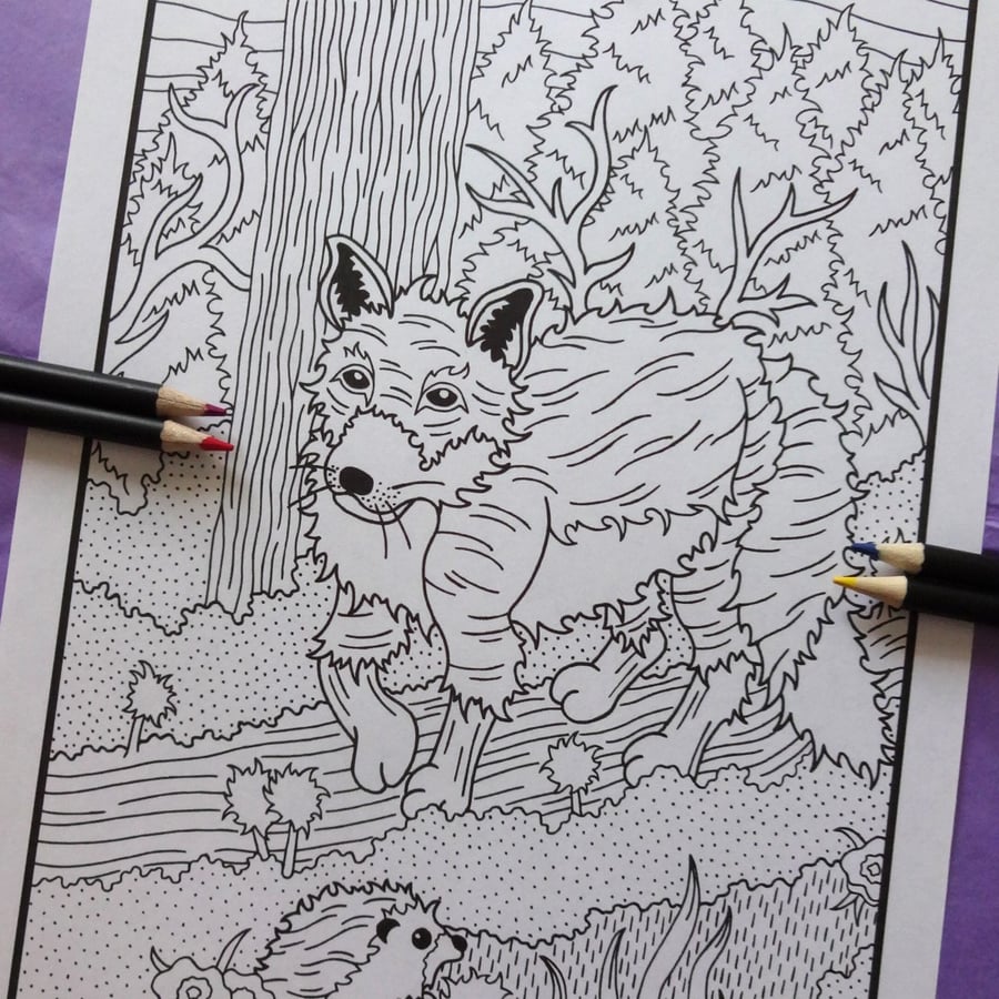 Fox Woodland Animals A4 Colouring Page Printable JPG by S Godwin Studio