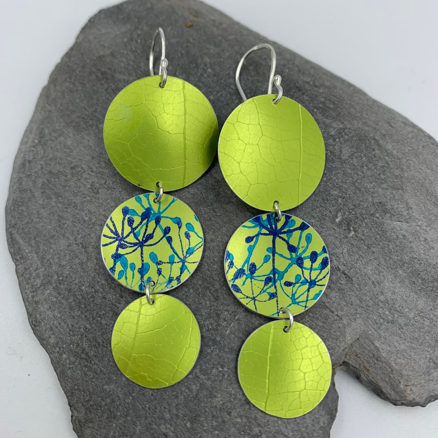 Statement anodised aluminium 3 circle dangly earrings in lime green