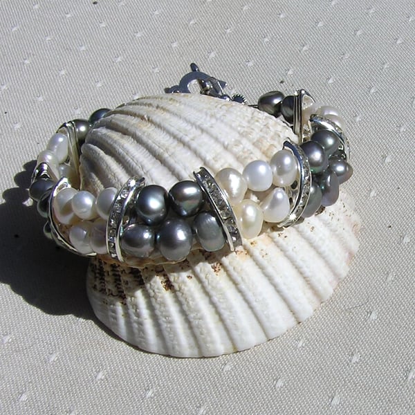 Sage Green & White Freshwater Pearl Crystal Glamour Bracelet "Sage Crush"