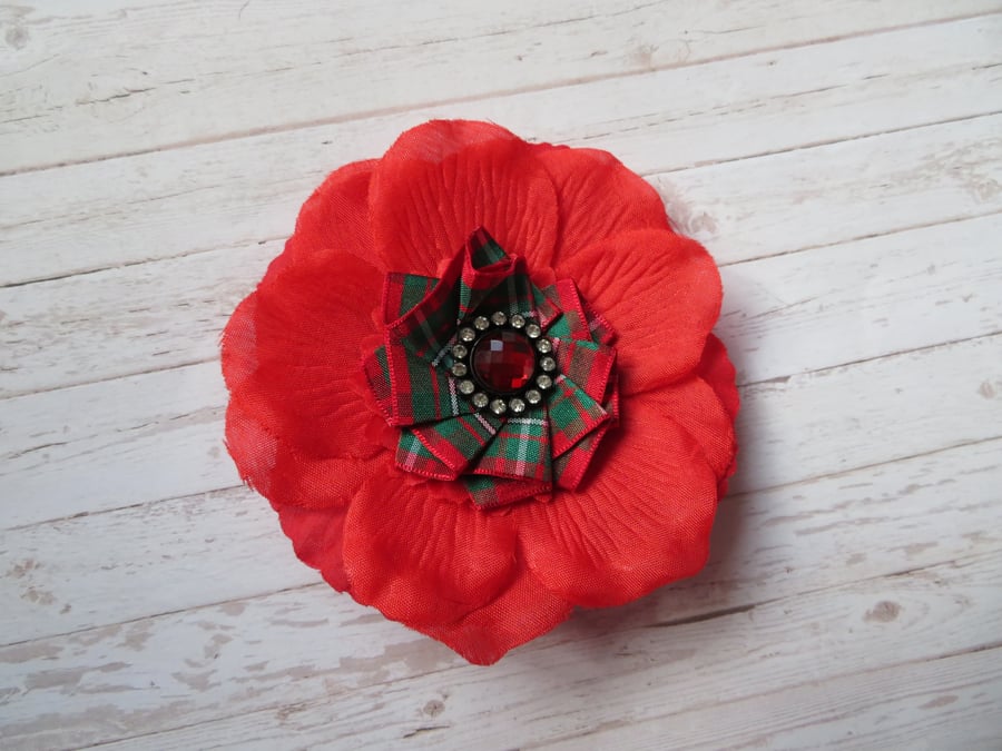 Scarlet Red Rose MacGregor Tartan Plaid Flower Hair Clip Wedding Vintage Gift 