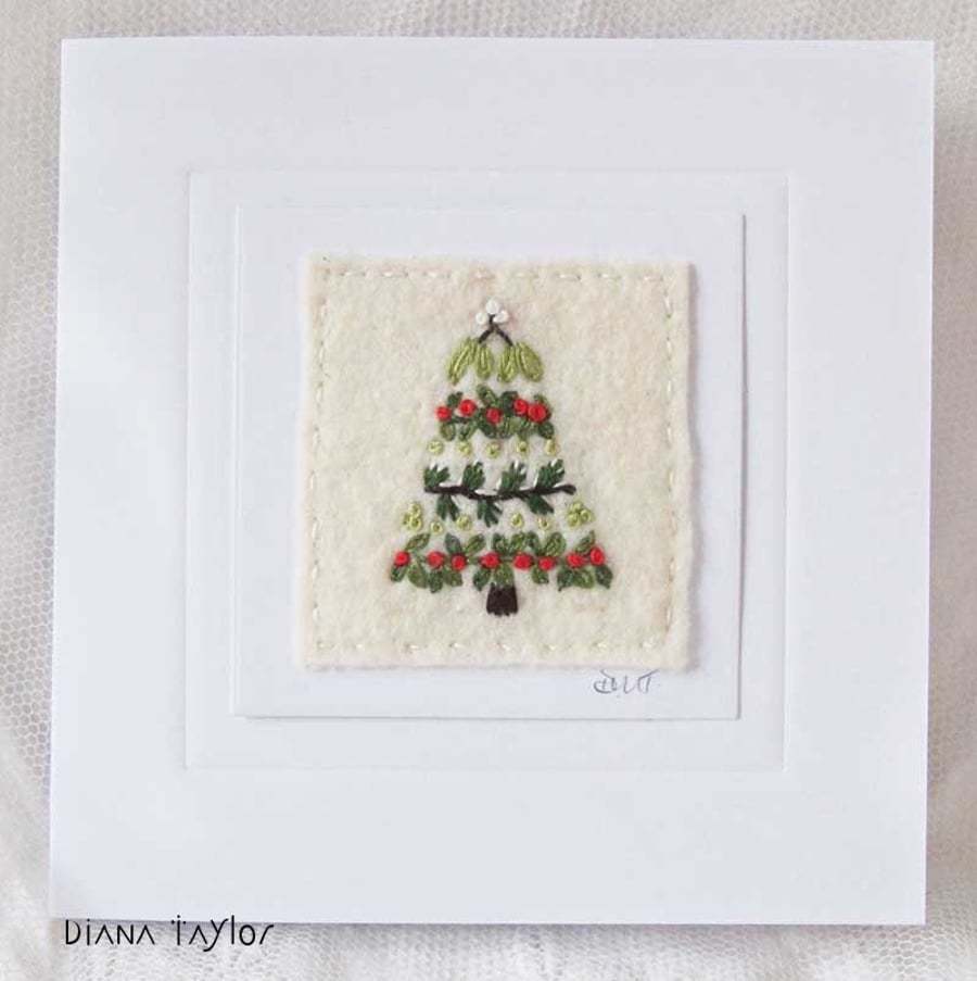 HAND EMBROIDERED CHRISTMAS TREE CARD WINTER FOLIAGE