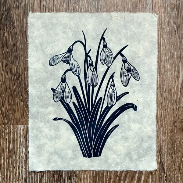 PERFECTLY IMPERFECT Snowdrops Original Lino Print in Navy Blue
