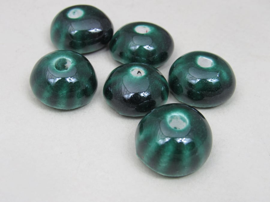 6 Small Emerald Green Half-round Ceramic Flower Beads