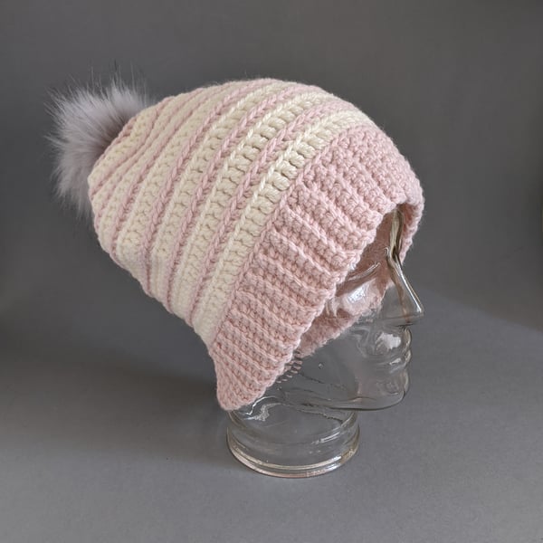 Slouchy Beanie Hat in Pink and Cream Stripes with Pom-Pom