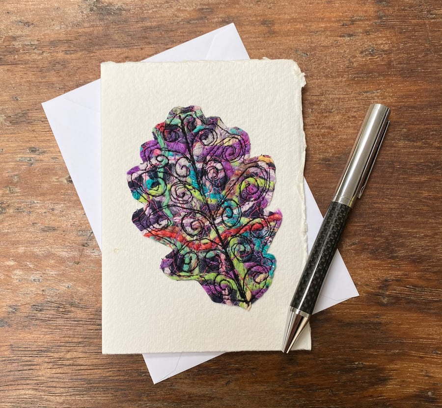 Embroidered up-cycled wool oak leaf Art Card.