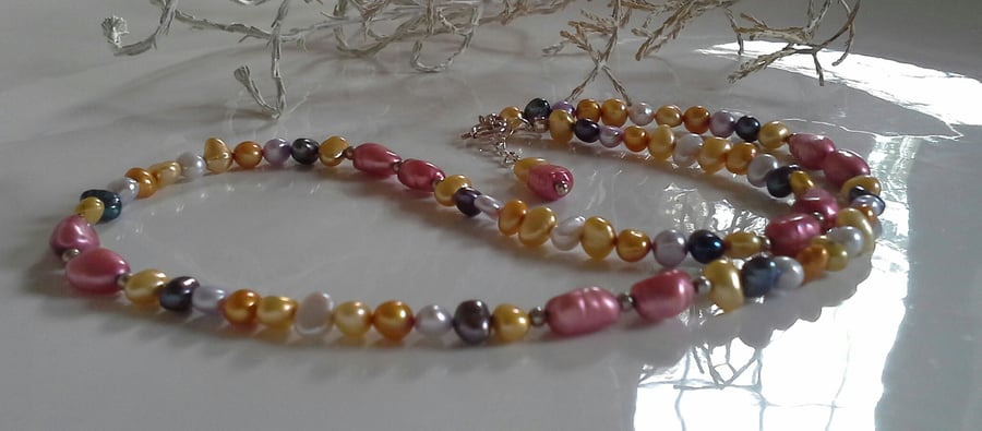 Genuine Freshwater Multicoloured Pearl Necklace 925 Sterling Silver