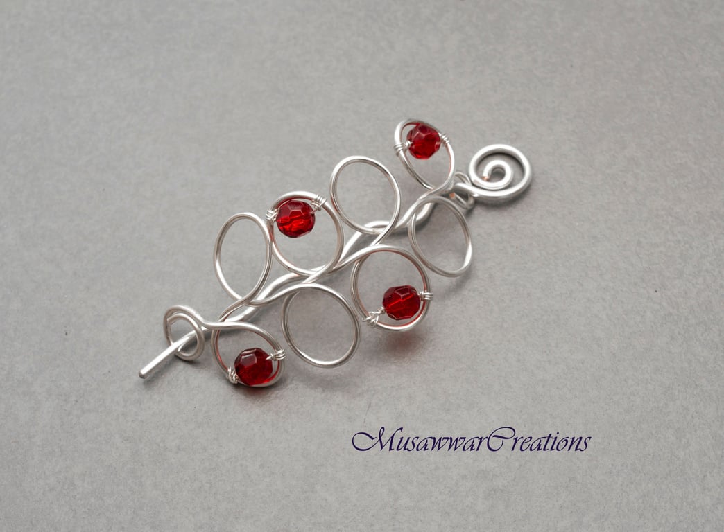 Red crystal beads Silver wire wrapped Hair slide,hair bun holder ,