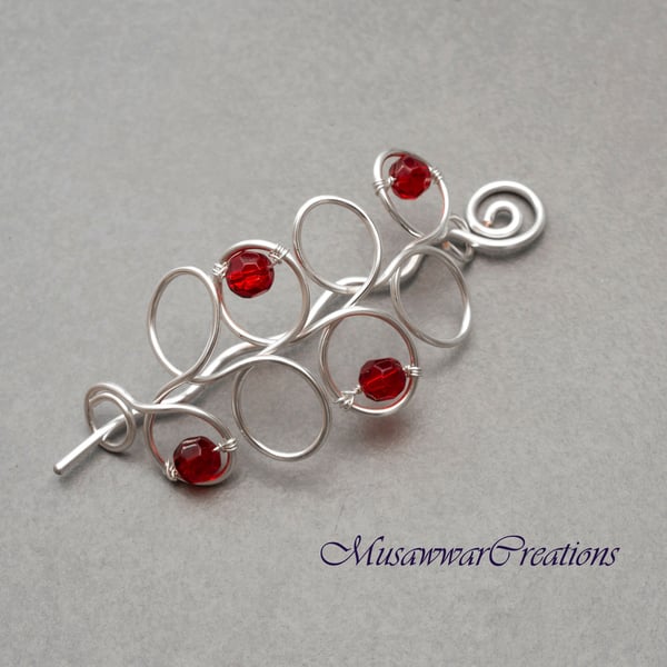 Red crystal beads Silver wire wrapped Hair slide,hair bun holder ,