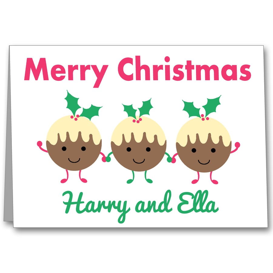 Personalised Christmas Pudding Card, Childrens Xmas Card. 