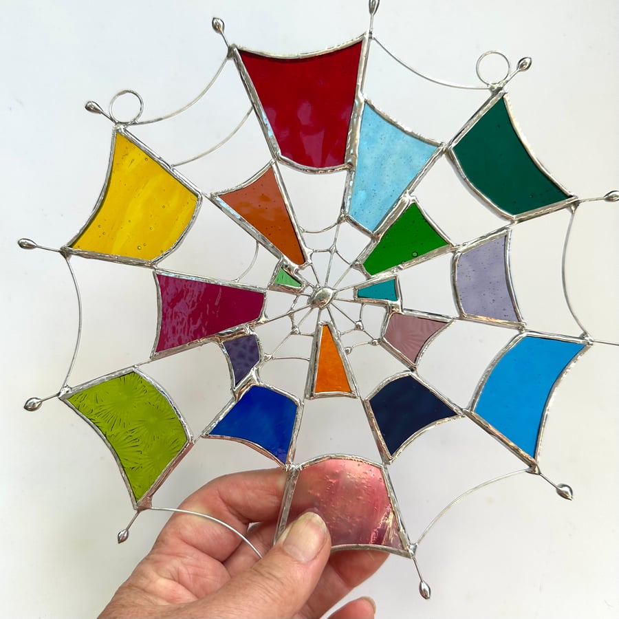 Stained Glass Cobweb Suncatcher - Handmade Window Decoration - Multi