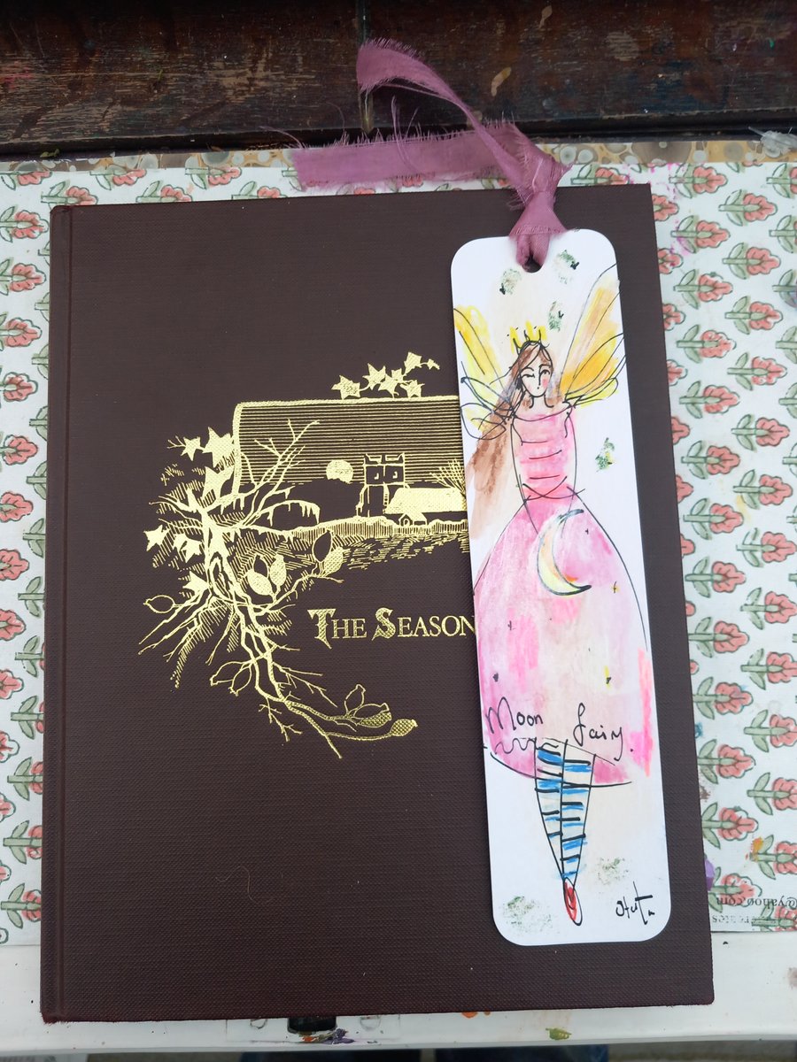  'Moon fairy ' Hand drawn and painted bookmark with silk ribbon '