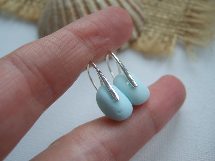 Pastel Blue Seaham sea glass earring, light blue milk sea glass earrings 