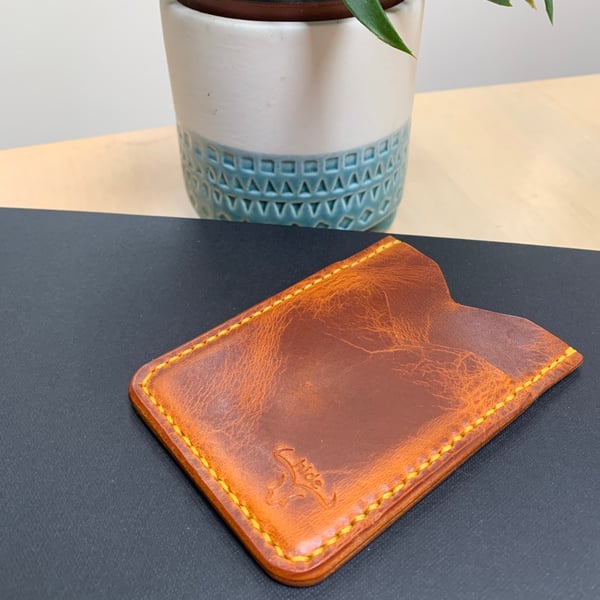 Leather card holder wallet in tan lightweight and slim