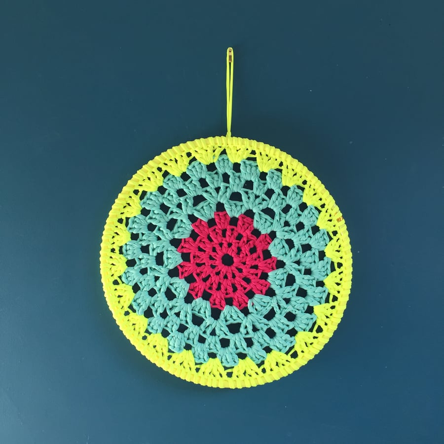 Crochet hanging mandala hoop - yellow, turquoise and pink - free UK shipping