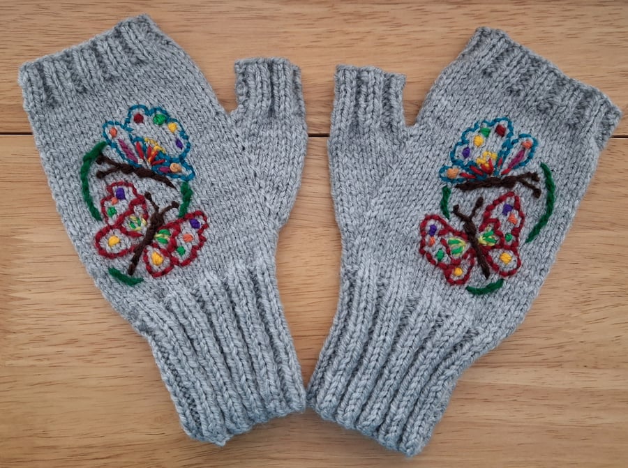 All Hand Made Grey Gloves With Hand Embroidered Butterflies (J129)